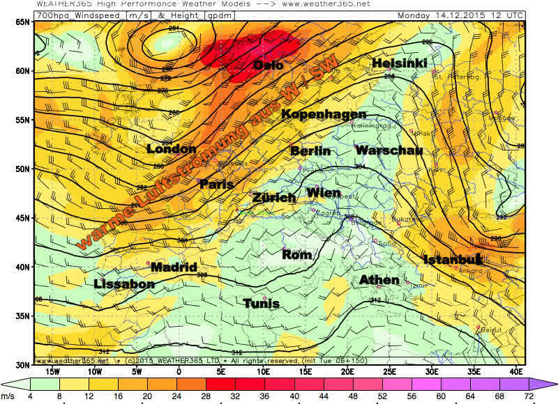 700hpa Höhenströmung mild SW 14.12.2015