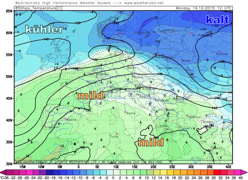 850hpa Temperaturen am 14.12.2015