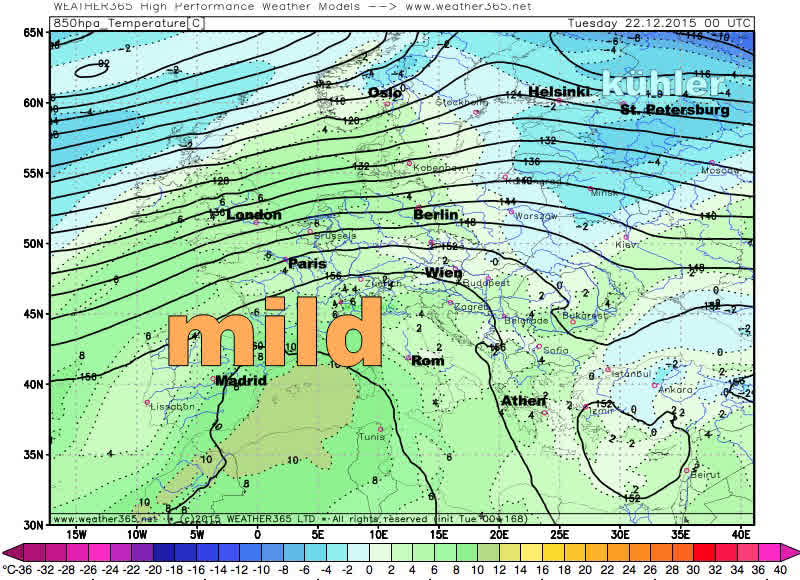 850hpa Temperaturkarte - Europa - Weihnachten 2015